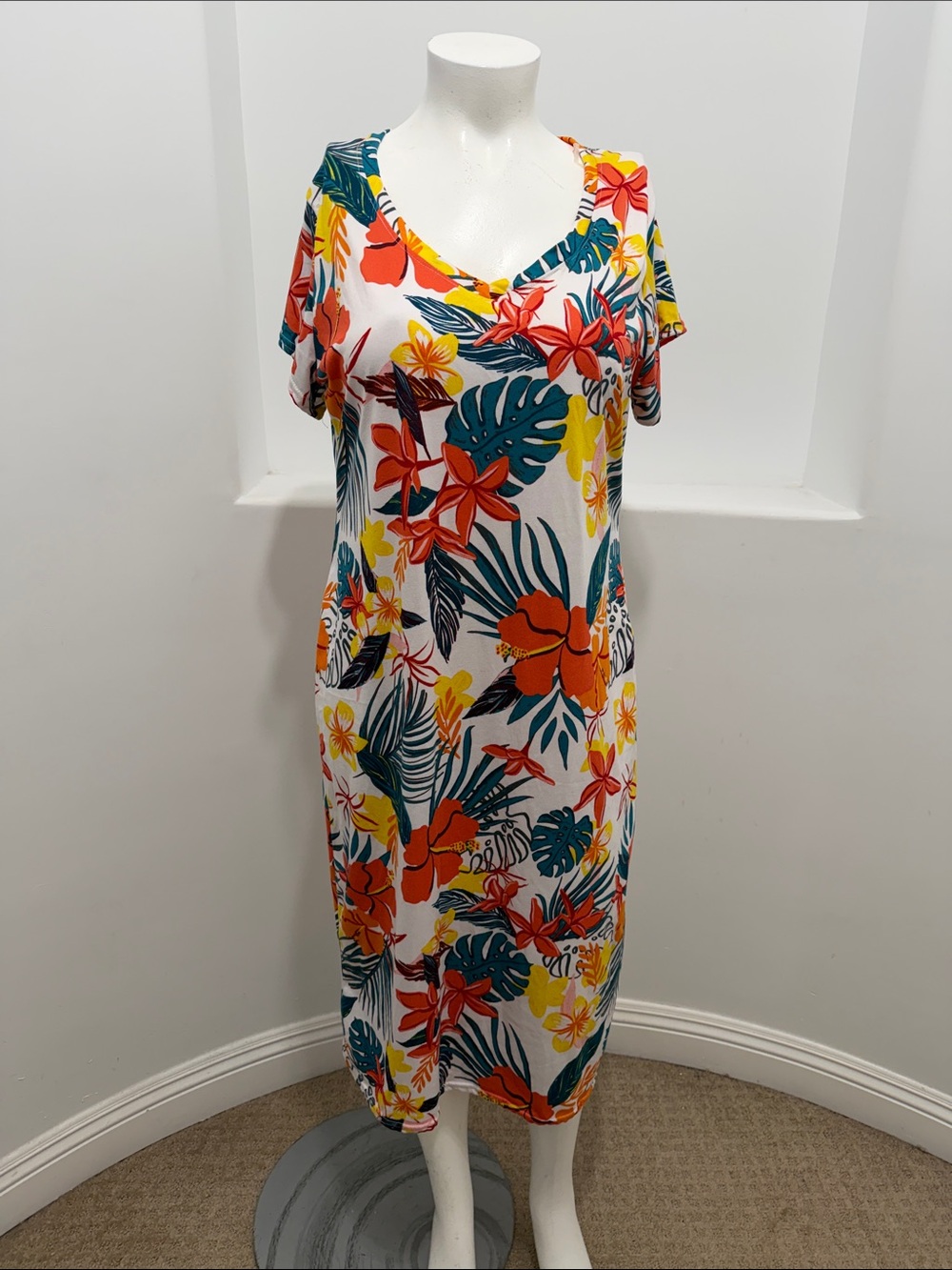 Rouge Collection Tropical  Floral Print V-Neck Midi Dress Multicolor Casual 3X